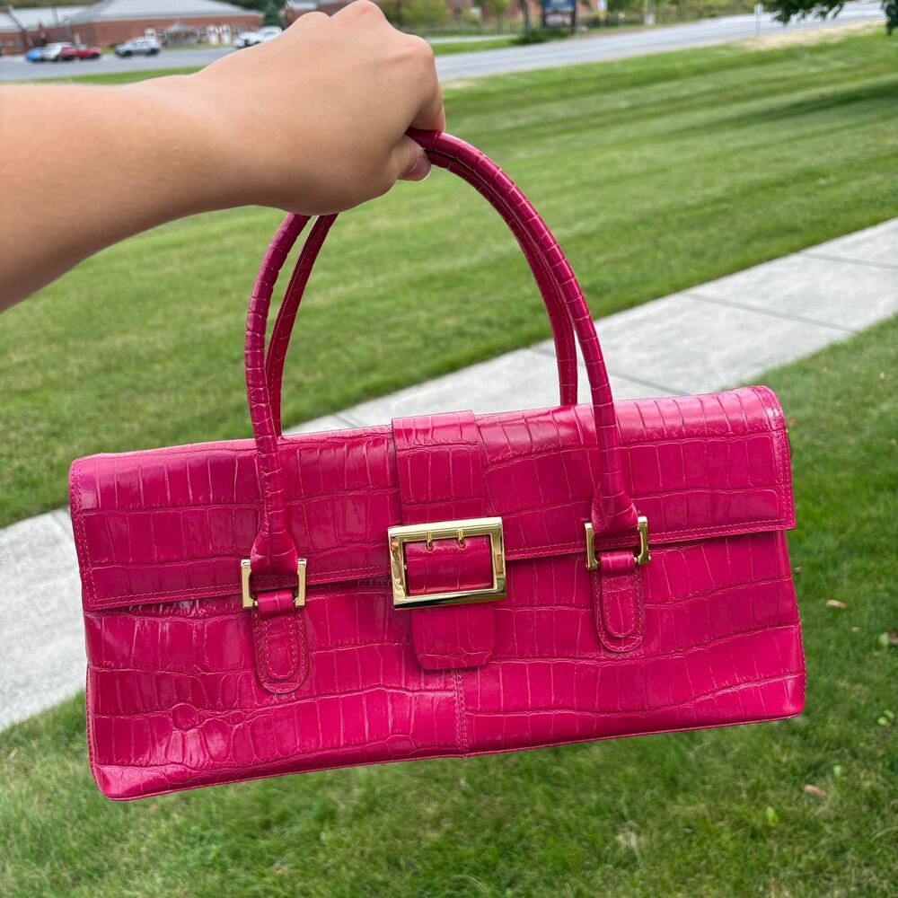 Vibrant Hot Pink Crocodile-Embossed Faux Leather Baguette Shoulder Bag